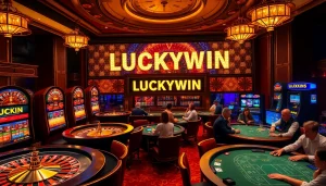 LuckyWIN showcases an exciting casino scene with players at tables and vibrant slot machines.