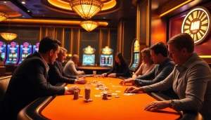 Players enjoying an engaging poker game at Haywin casino, surrounded by glamorous surroundings and thrilling environment.