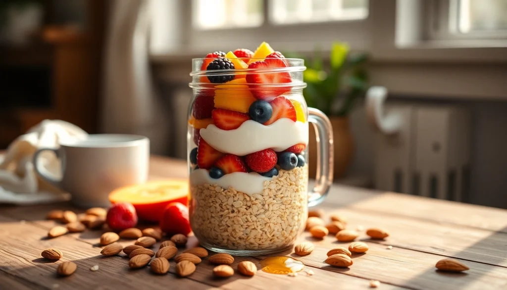 Create a delicious layered breakfast in a mason jar showcasing https://masonjarbreakfast.com healthy ingredients.