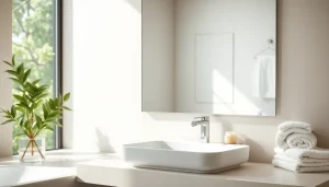 Reflective elegant bathroom mirror showcasing a modern design in a stylish bathroom.