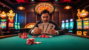 Exciting poker scene at UU88 showcasing expert players, vibrant chips, and polished cards.