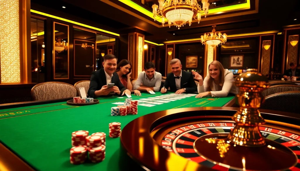 Players enjoying a thrilling game at mk8th.net casino, surrounded by poker chips and a roulette wheel.