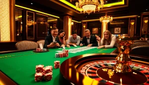 Players enjoying a thrilling game at mk8th.net casino, surrounded by poker chips and a roulette wheel.