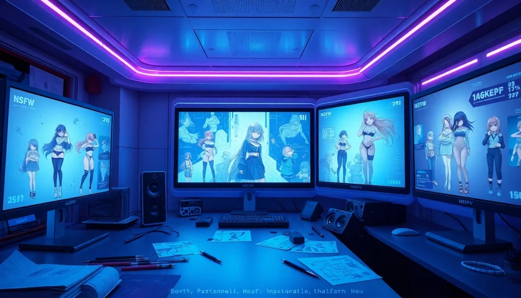 Explore creative NSFW AI image generation in a futuristic digital workspace with innovative character illustrations.