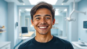 Smiling young adult showcasing 歯並び 矯正 おすすめ in a modern dental clinic.