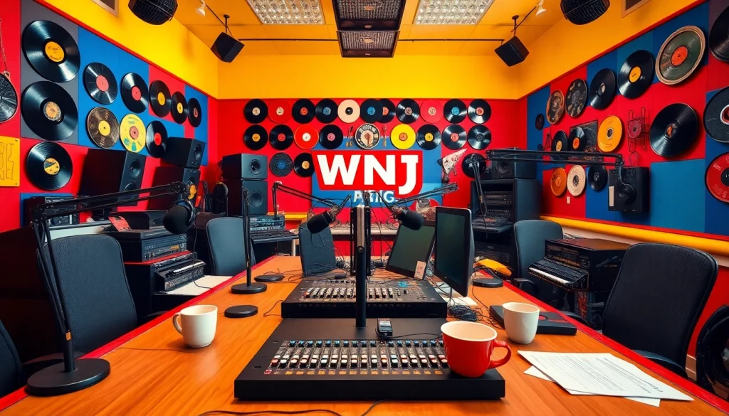 WRNJ Radio studio with modern equipment, vintage decor, and a vibrant atmosphere.