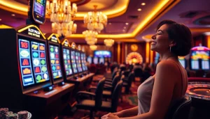 Para pemain yang antusias menikmati permainan slot pulsa dalam suasana kasino yang mewah.