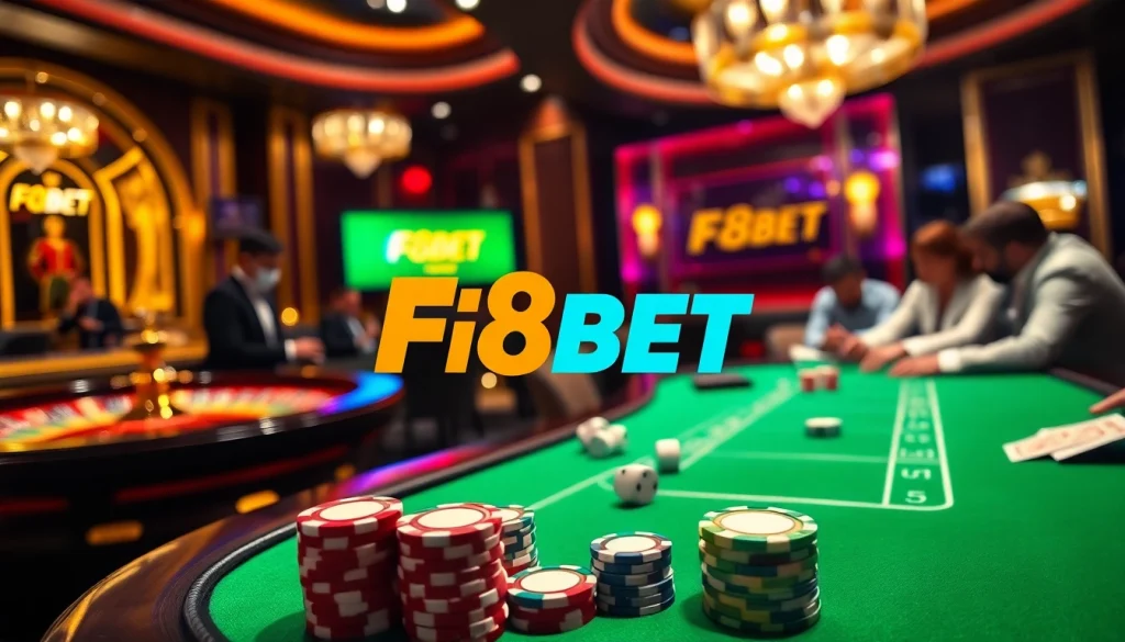 Experience the thrill of F8BET at an elegant casino poker table with vibrant action.
