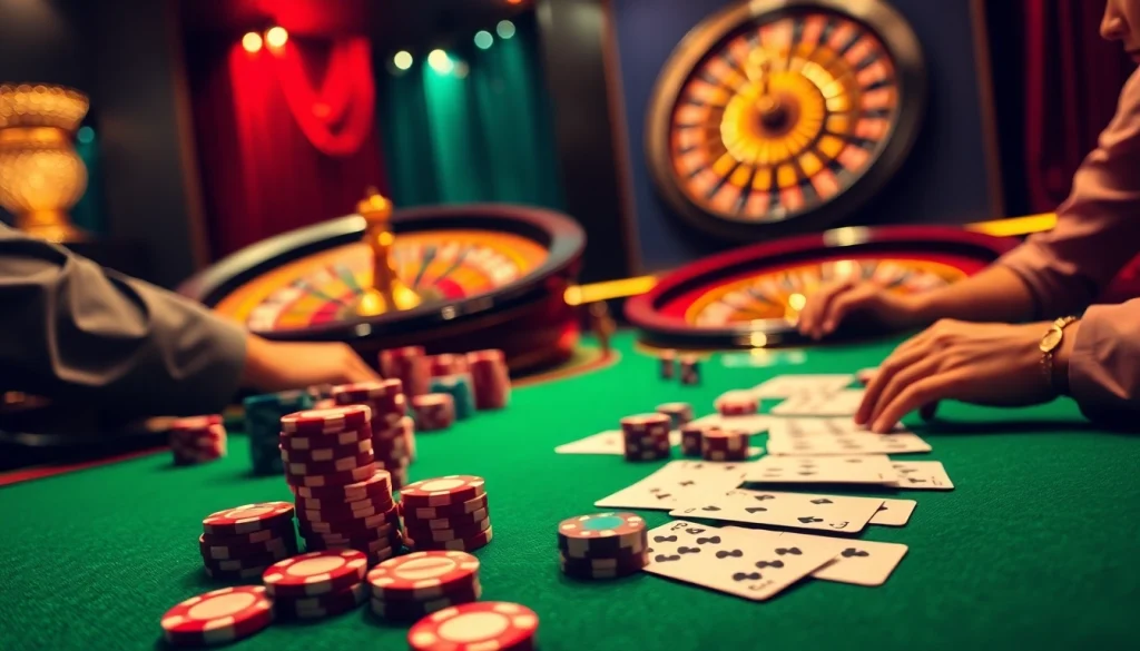 Sbobet players enjoying a thrilling poker game with colorful chips and cards on a casino table.
