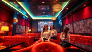 Suwon셔츠룸 featuring a luxurious karaoke setting with attractive managers in stylish attire engaging with clients.