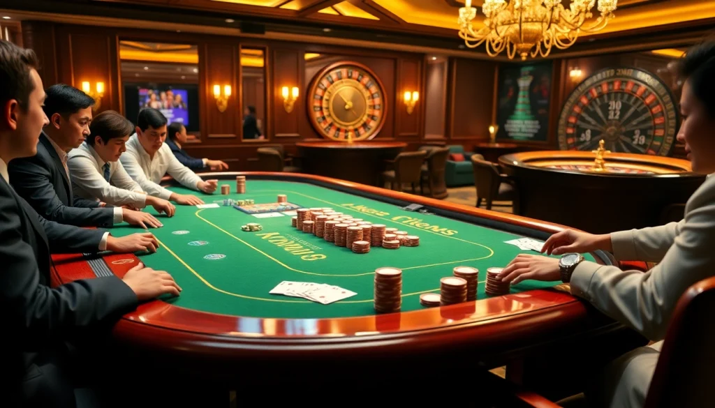 Players engaged in a thrilling KUWIN poker game with vibrant chips and glowing cards.