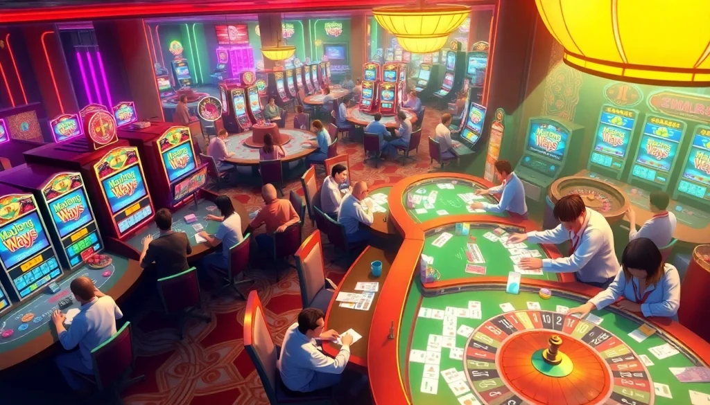 Capture the thrill of Mahjong Ways 2 as players engage with vibrant casino games, showcasing winning moments in an exciting atmosphere.