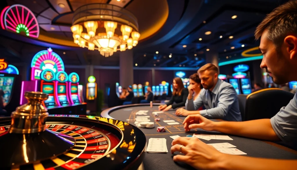 Engaging players at kkwin.life placing bets with vibrant casino elements like roulette and slot machines.