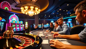 Engaging players at kkwin.life placing bets with vibrant casino elements like roulette and slot machines.