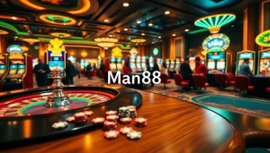 Exciting gambling scene at Man88 featuring a roulette table, poker chips, and vibrant slot machines.