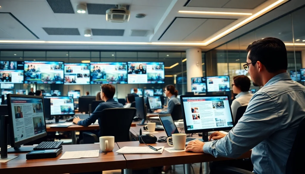 Engaging scene of journalists collaborating at https://www.thedailynewsonline.com newsroom.