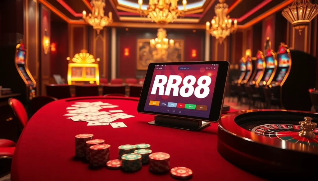 RR88 offers an exciting online casino experience with vibrant poker chips, cards, and luxurious gaming tables.