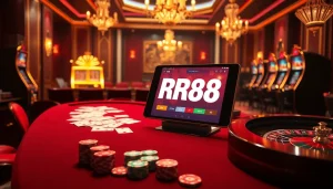 RR88 offers an exciting online casino experience with vibrant poker chips, cards, and luxurious gaming tables.