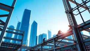 Workers engaged in structural steel construction, showcasing teamwork and precision on site.