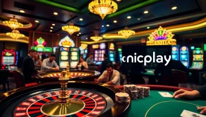 Experience the excitement of onicplay with vibrant casino tables, chips, and slot machines.