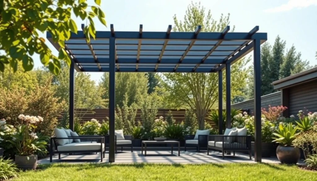 Transform your outdoor space with a modern steel pergola featuring sleek design elements.