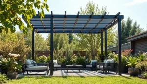 Transform your outdoor space with a modern steel pergola featuring sleek design elements.