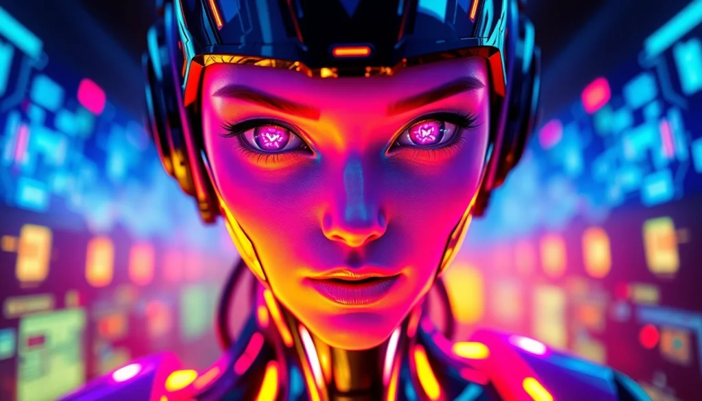 Futuristic NSFW AI character design with vibrant colors and tech elements