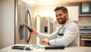 Technician performing appliance repair ottawa service on a refrigerator in a bright kitchen.
