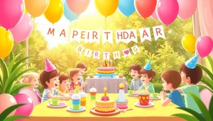 Colorful customizable birthday party with vibrant decorations and joyful guests enjoying the celebration.