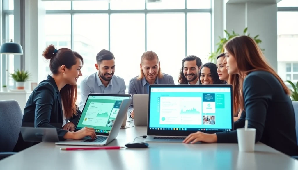 SaaS collaboration in a bright workspace with modern technology and diverse professionals.