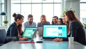 SaaS collaboration in a bright workspace with modern technology and diverse professionals.