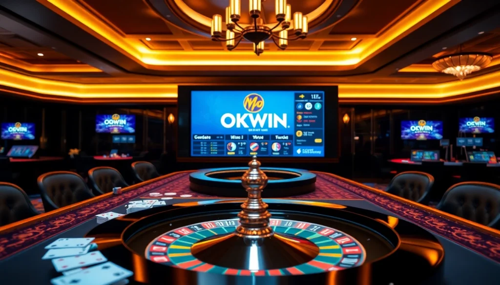 A vibrant casino scene with the logo of Nhà cái OKWIN showcasing games, chips, and betting excitement.