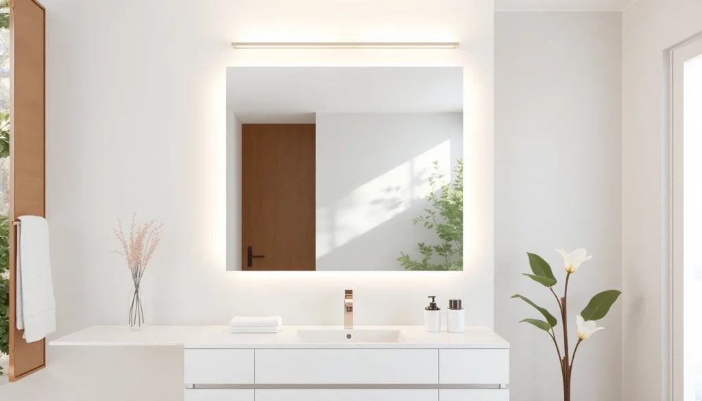 Bright bathroom mirror with led light enhancing a modern vanity area.