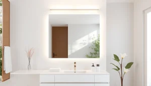 Bright bathroom mirror with led light enhancing a modern vanity area.