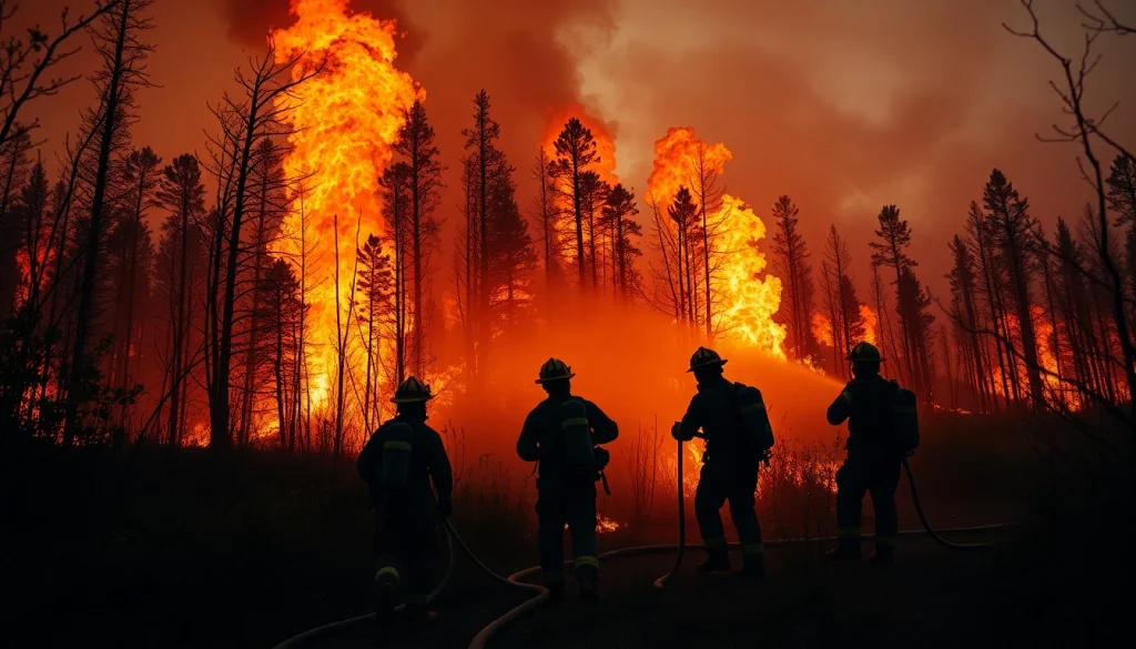 Firefighters battling wildfire events through dense smoke and flames in a forest setting.