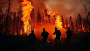 Firefighters battling wildfire events through dense smoke and flames in a forest setting.