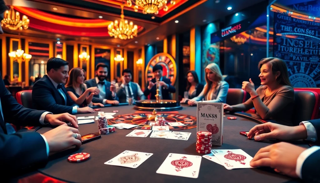 Man88 casino players engaged in a thrilling poker game with vibrant chips and cards