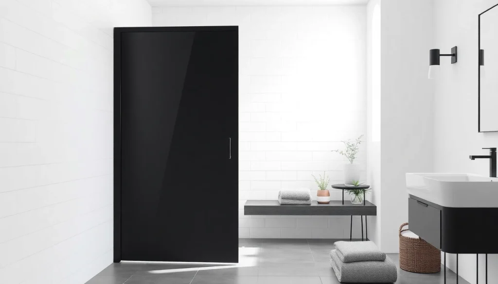 Showcasing a black shower sliding door enhancing modern bathroom elegance.