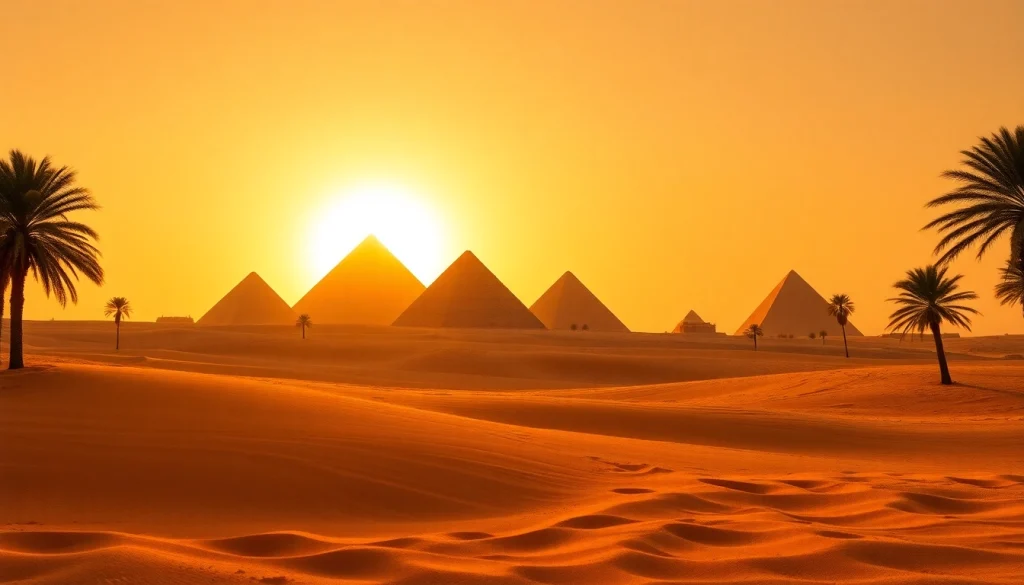 Visit the famous piraminds of Egypt, showcasing their majestic silhouette against a vibrant sunrise.