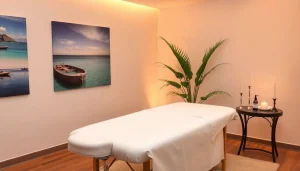 출장안마 service setting with a portable massage table, calming ambiance.