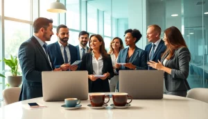 Engaging professionals utilizing a platform to connect businesses and salespeople in a modern office.