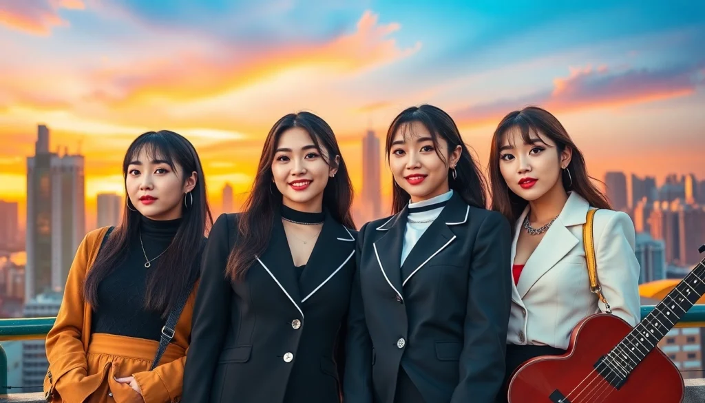 BLACKPINK members pose stylishly in an urban setting showcasing their individuality and charisma.