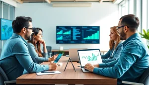 Dynamic outsourced sales team collaborating in a modern office setting.