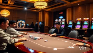 Engaging gameplay at mm88 vin with vibrant poker chips and roulette wheel in a luxurious casino atmosphere.