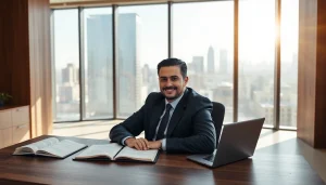 Professional intellectual property lawyer working diligently in a modern office environment.