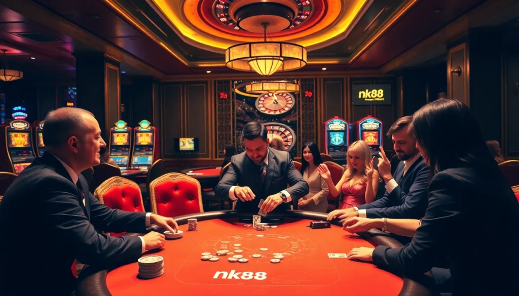 Experience thrilling gameplay at the nk88 poker table, featuring intense players and vibrant casino decor.