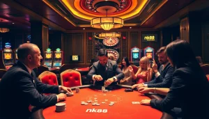 Experience thrilling gameplay at the nk88 poker table, featuring intense players and vibrant casino decor.