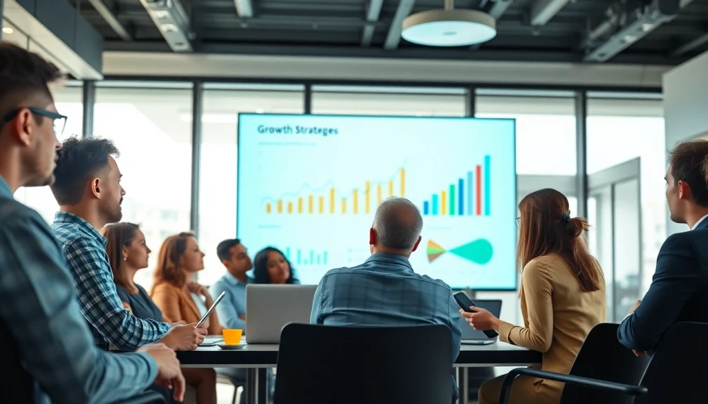 Visual representation of business growth insights with a diverse team strategizing in a modern office.