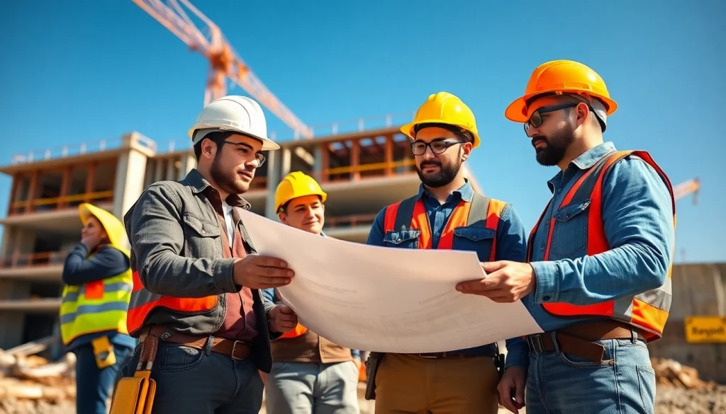 Engaged professionals in careers in construction reviewing blueprints on a dynamic building site.