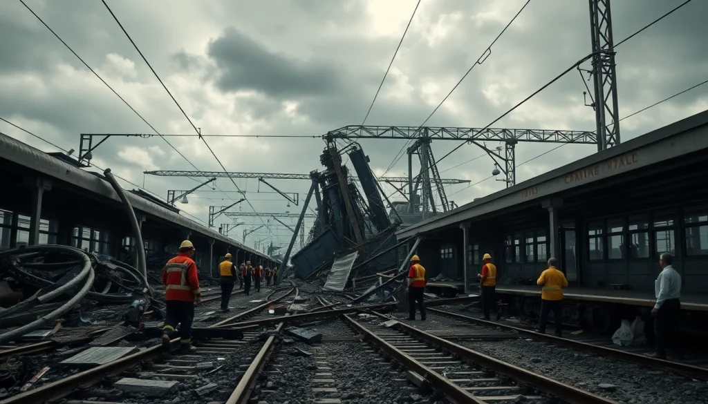 spain train crash aftermath showing emergency responders and twisted metal wreckage.